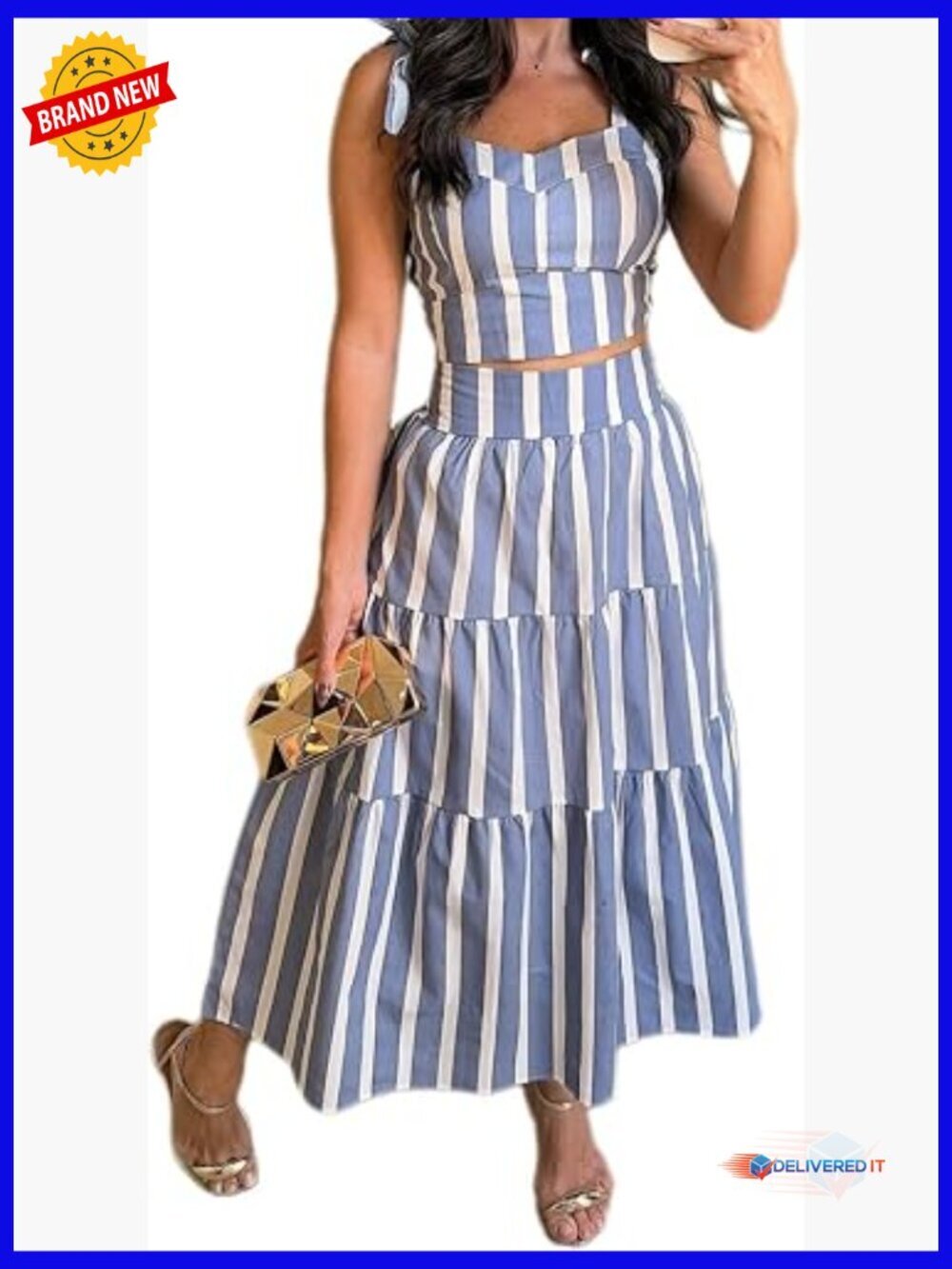 Halter Top Maxi Skirt Two Piece Set Striped Vacation Outfit